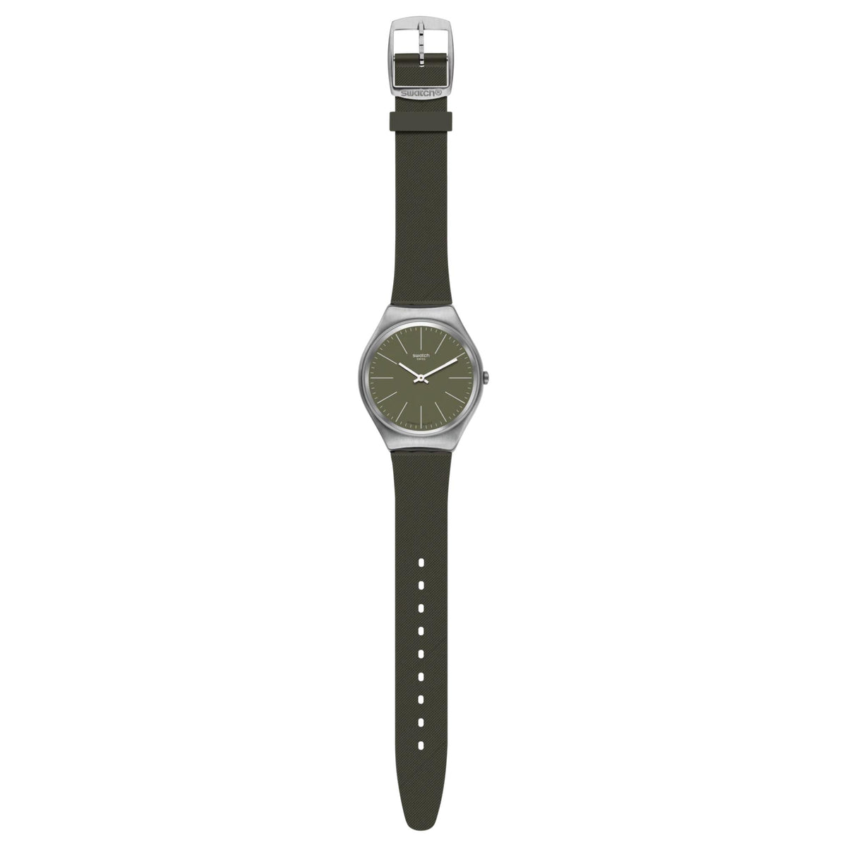 Men's wristwatch standing view: khaki-green dial, silver case, dark green strap