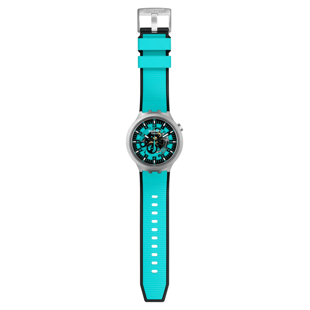 Unisex quartz wristwatch on turquoise rubber strap, gray round case with crown detail