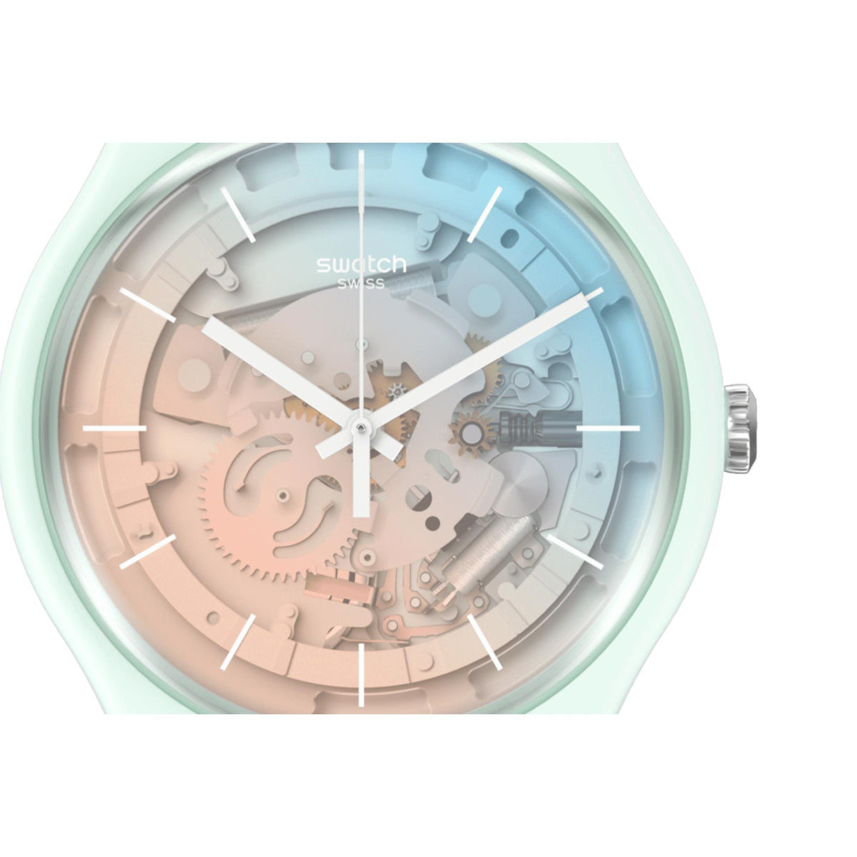 Unisex ice-blue dial watch with pink inner ring and skeleton-style details, white hands