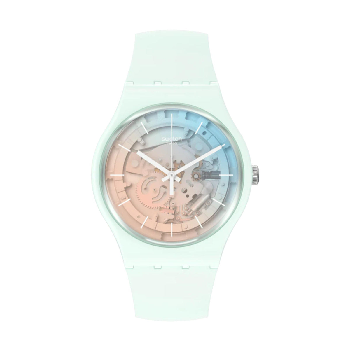 Unisex mint silicone strap watch with ice-blue and pink dial, round case, 3 hands