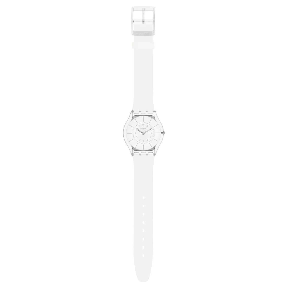Side view of white silicone strap quartz watch with round silver case and white dial