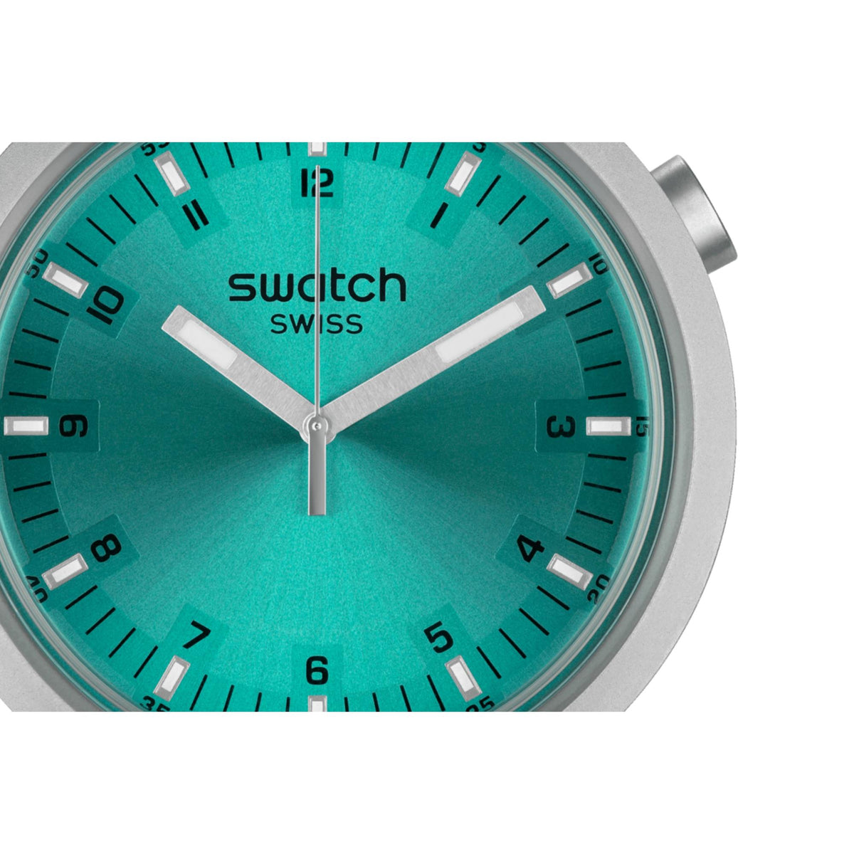 Unisex steel watch with aqua shimmer dial, bold markers, and three-link strap