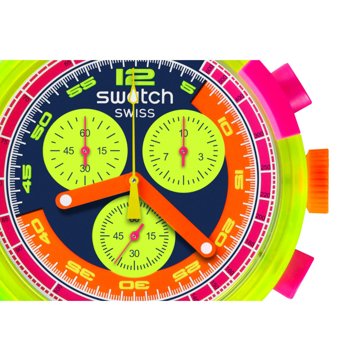 Close-up of neon orange and green dial with 3 subdials on a dark blue silicone watch strap