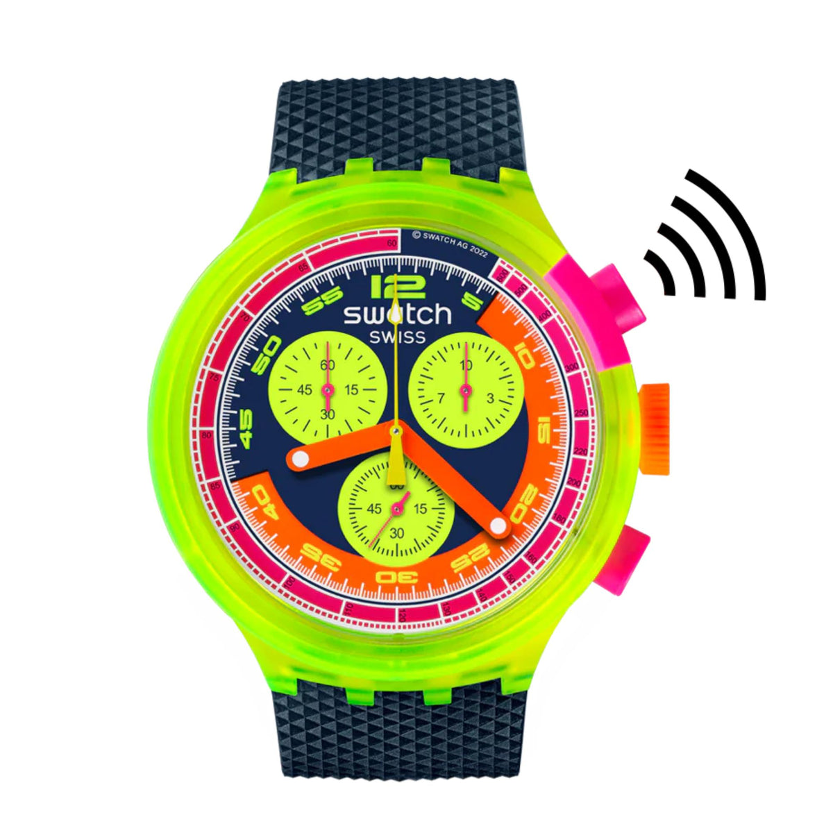 Neon multicolor men’s quartz watch with blue silicone strap and round dial with 3 subdials