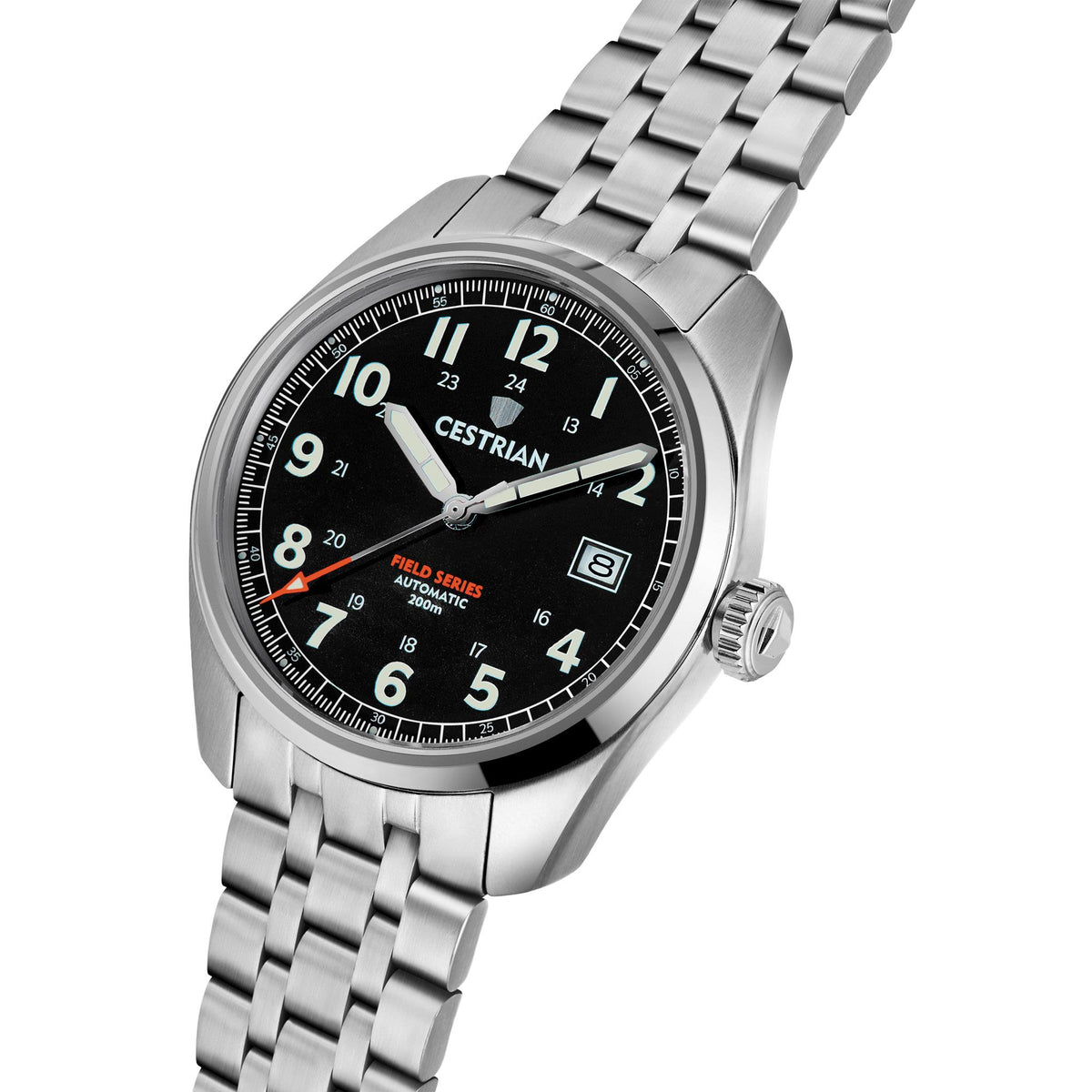 Men's stainless steel bracelet automatic watch, black dial angled side view with date window