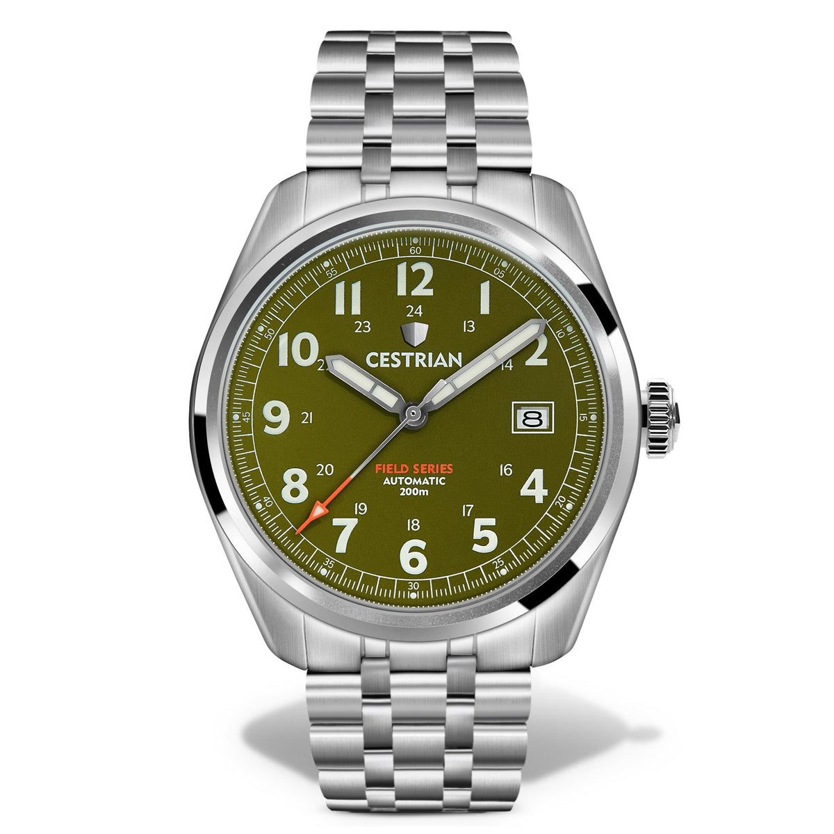 Men's automatic wristwatch with green dial, stainless steel bracelet and round case