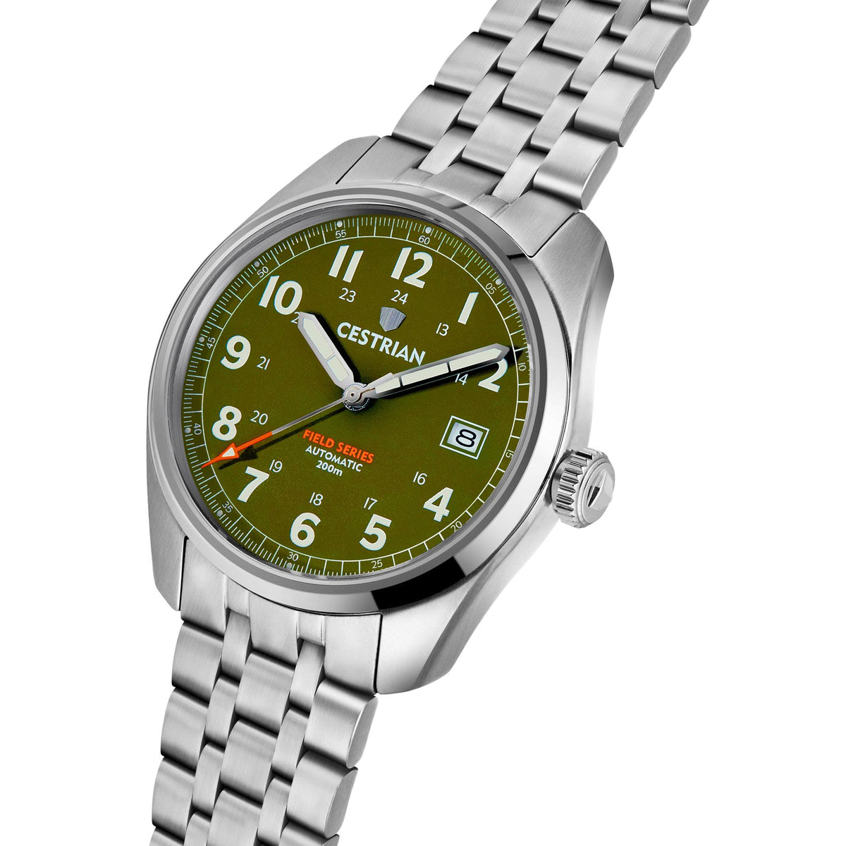 Men's automatic wristwatch, green dial on stainless steel bracelet with side crown