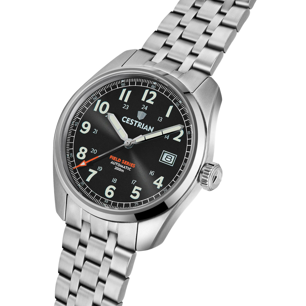 Stainless steel men’s automatic watch, black dial with orange details, crown on right