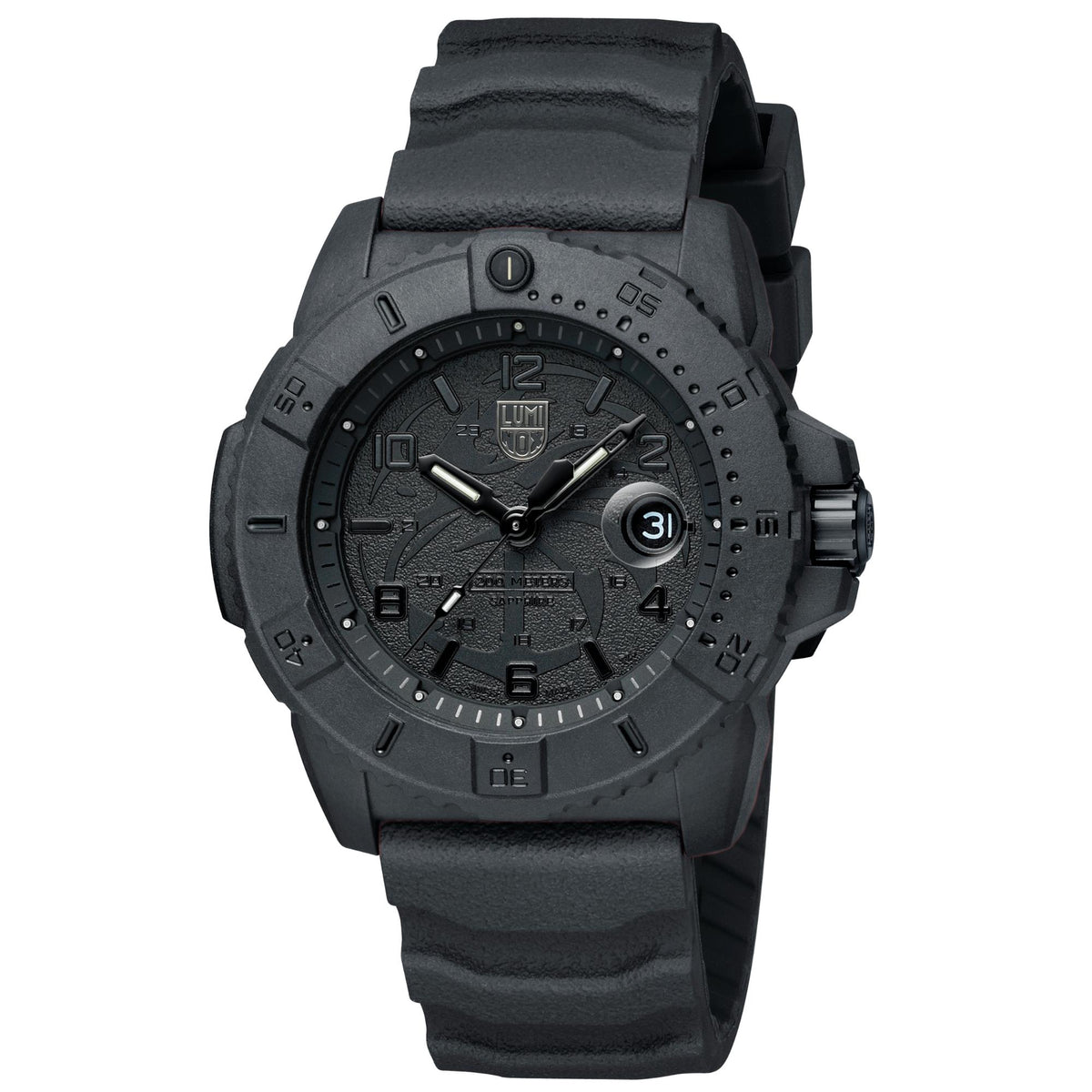 Luminox Navy SEAL 45mm quartz watch with black dial, date window, and rubber strap
