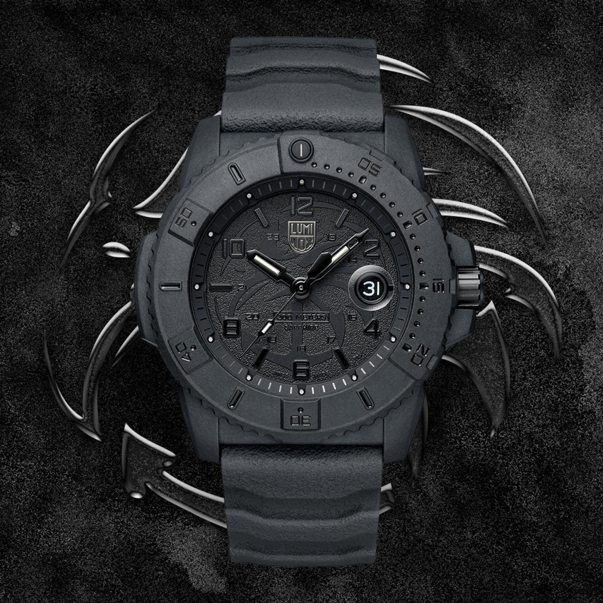 Luminox Navy SEAL 45mm quartz watch with black dial, date window, and dark rubber strap