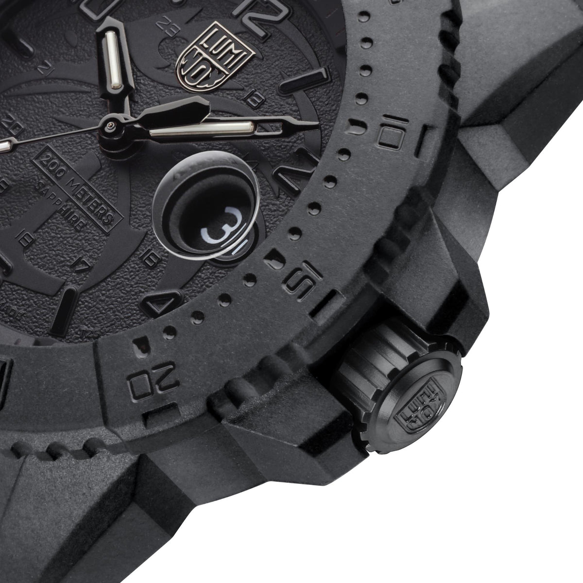 Luminox Navy SEAL watch crown guard and strap links with textured engraved details