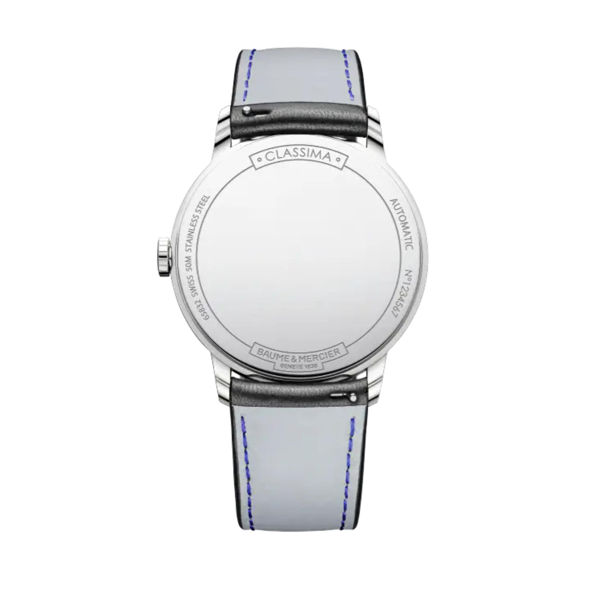 Men's automatic watch rear view with white dial, silver case, black leather strap with blue stitching