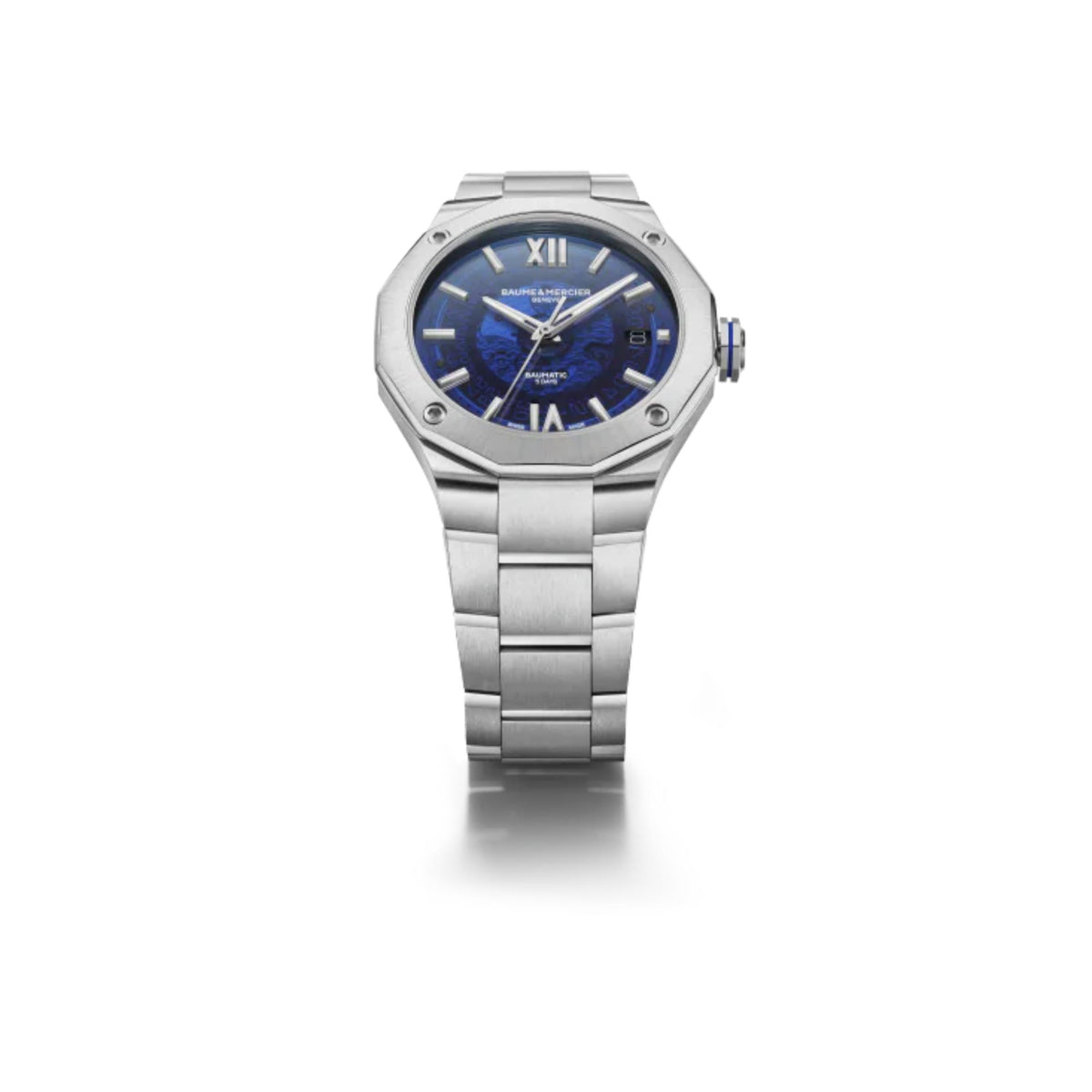 Men's stainless steel watch with blue dial, Roman numeral markers, shown on bracelet.