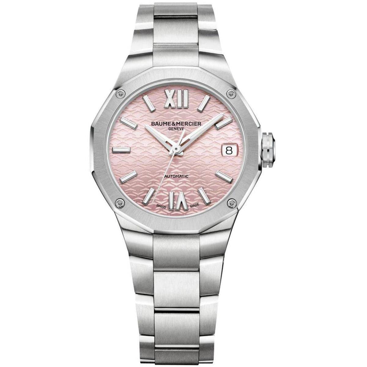 Stainless steel ladies automatic watch with pink dial, Roman numerals, and metal bracelet
