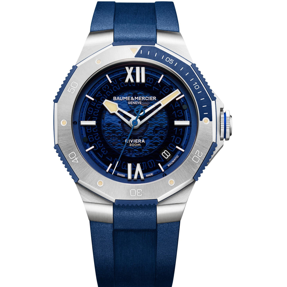 Men's automatic watch with blue dial, stainless steel case, and blue rubber strap