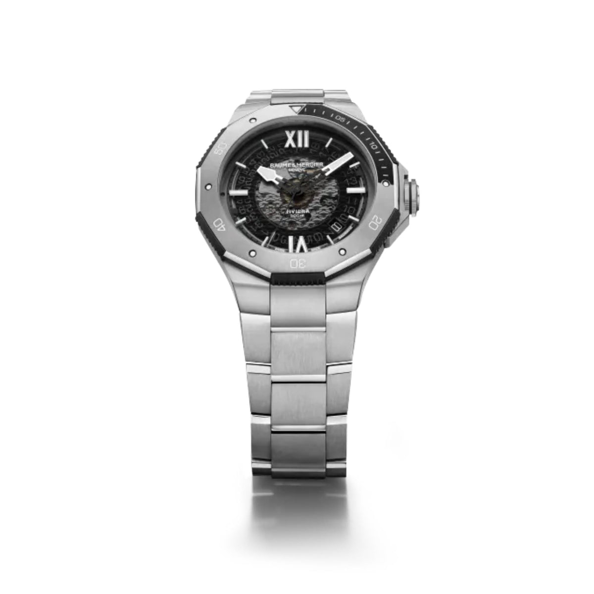 Men's stainless steel automatic watch with black dial and metal bracelet, angled view