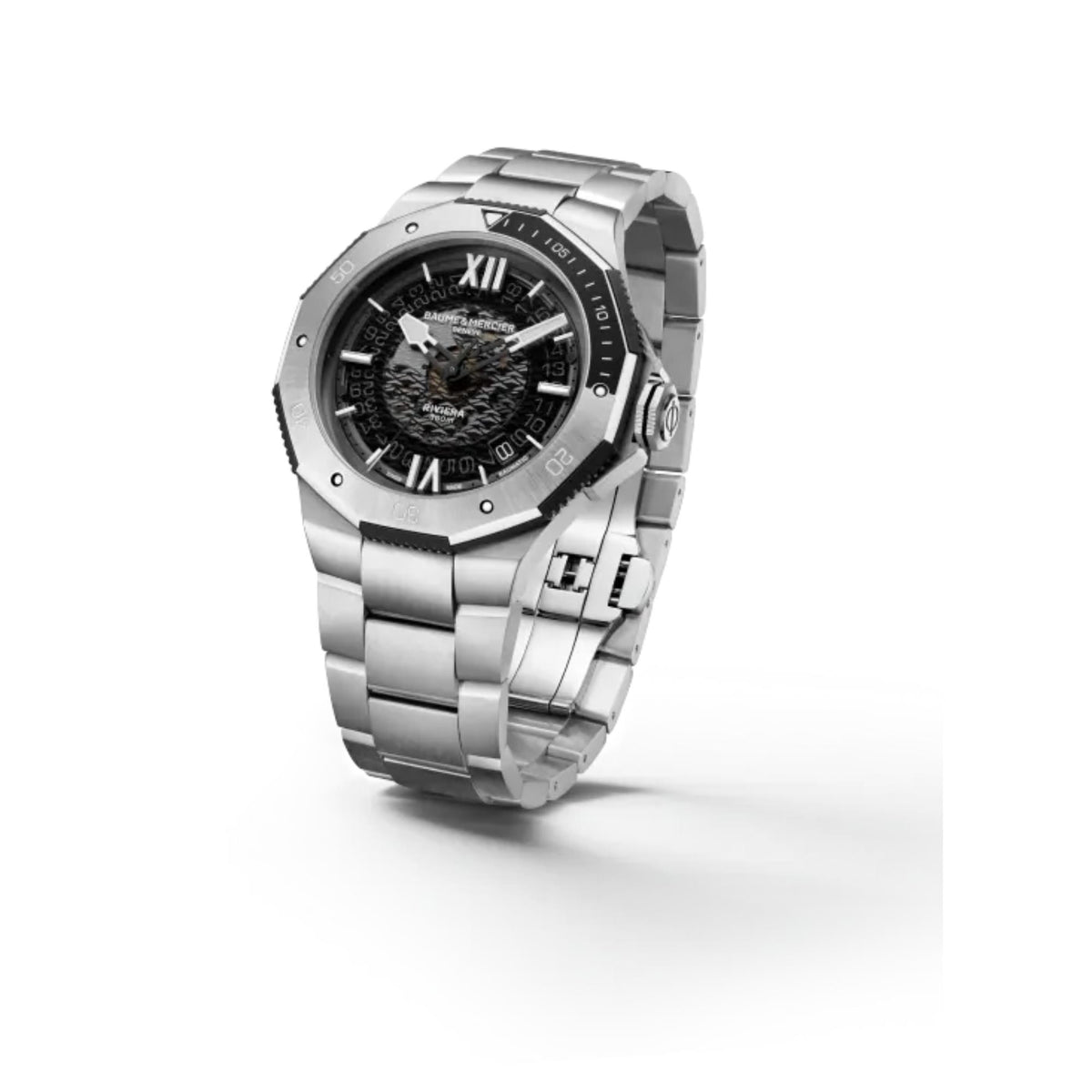 Men's stainless steel watch side view with crown and black dial detail