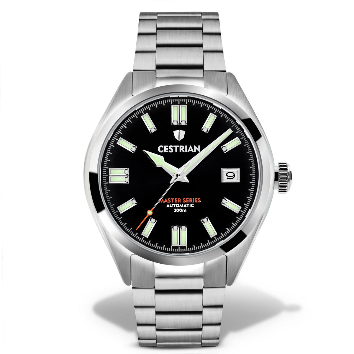 Men's automatic wrist watch with black dial, green luminous markers, steel bracelet