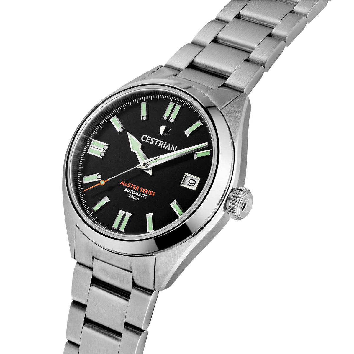 Men's automatic wrist watch with black dial, green luminous markers, steel bracelet; side crown