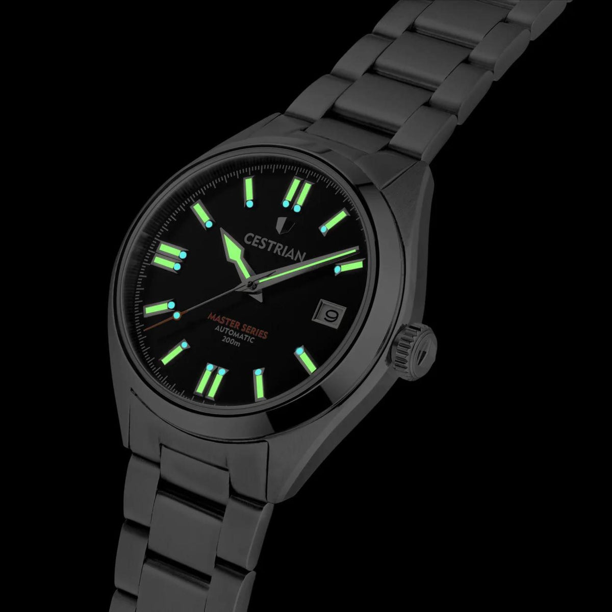 Men's automatic wrist watch with dark dial, glowing green markers, steel bracelet