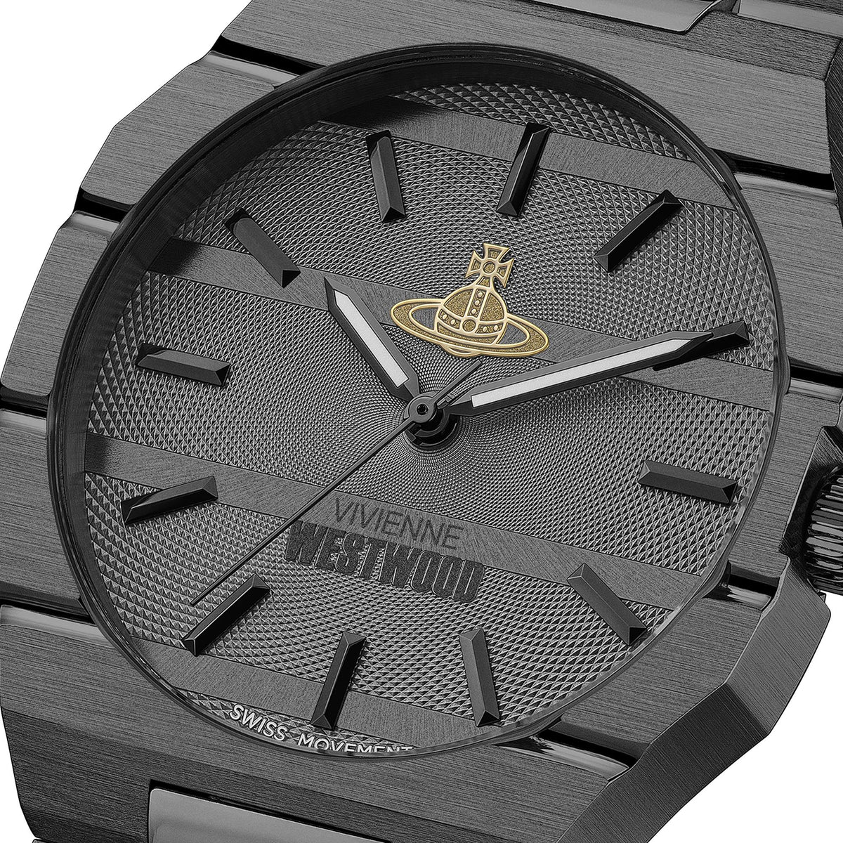 Vivienne Westwood The Bank VV294GYGN close-up of black dial with orb logo and textured finish