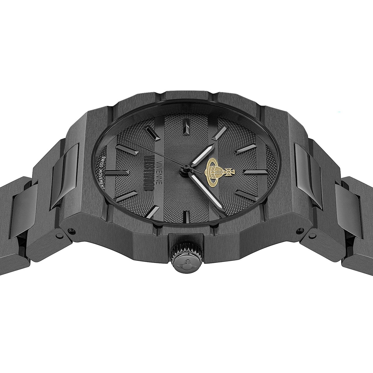 Vivienne Westwood The Bank VV294GYGN side view showing case profile and steel link band
