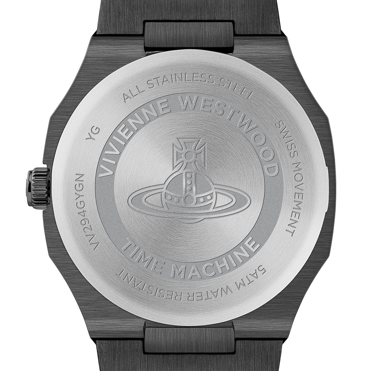 Vivienne Westwood The Bank VV294GYGN case back detailing engraved brand markings and model specs