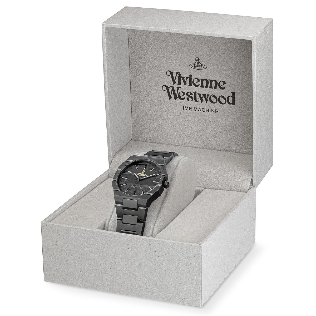 Vivienne Westwood The Bank VV294GYGN quartz watch resting in an official presentation box