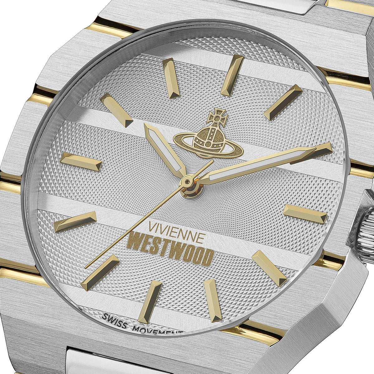 Vivienne Westwood The Bank VV294LCGSG detailed close-up view of silver dial showing orb logo and hour markers