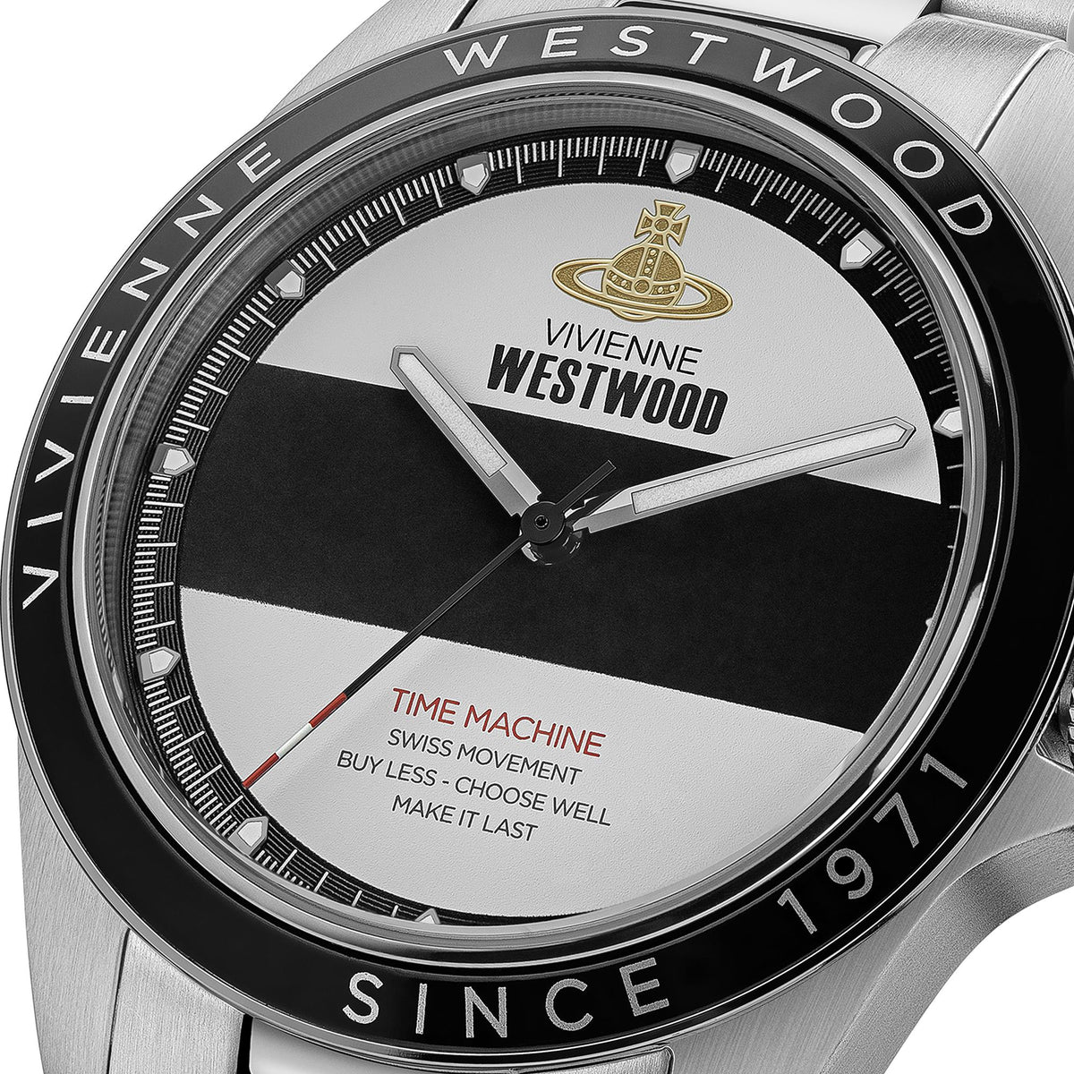 Men's quartz watch close-up: black bezel, white-and-black dial, silver hour markers