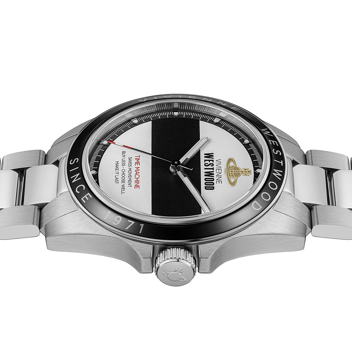 Men's stainless steel quartz watch back, ridged crown, case with engraved text