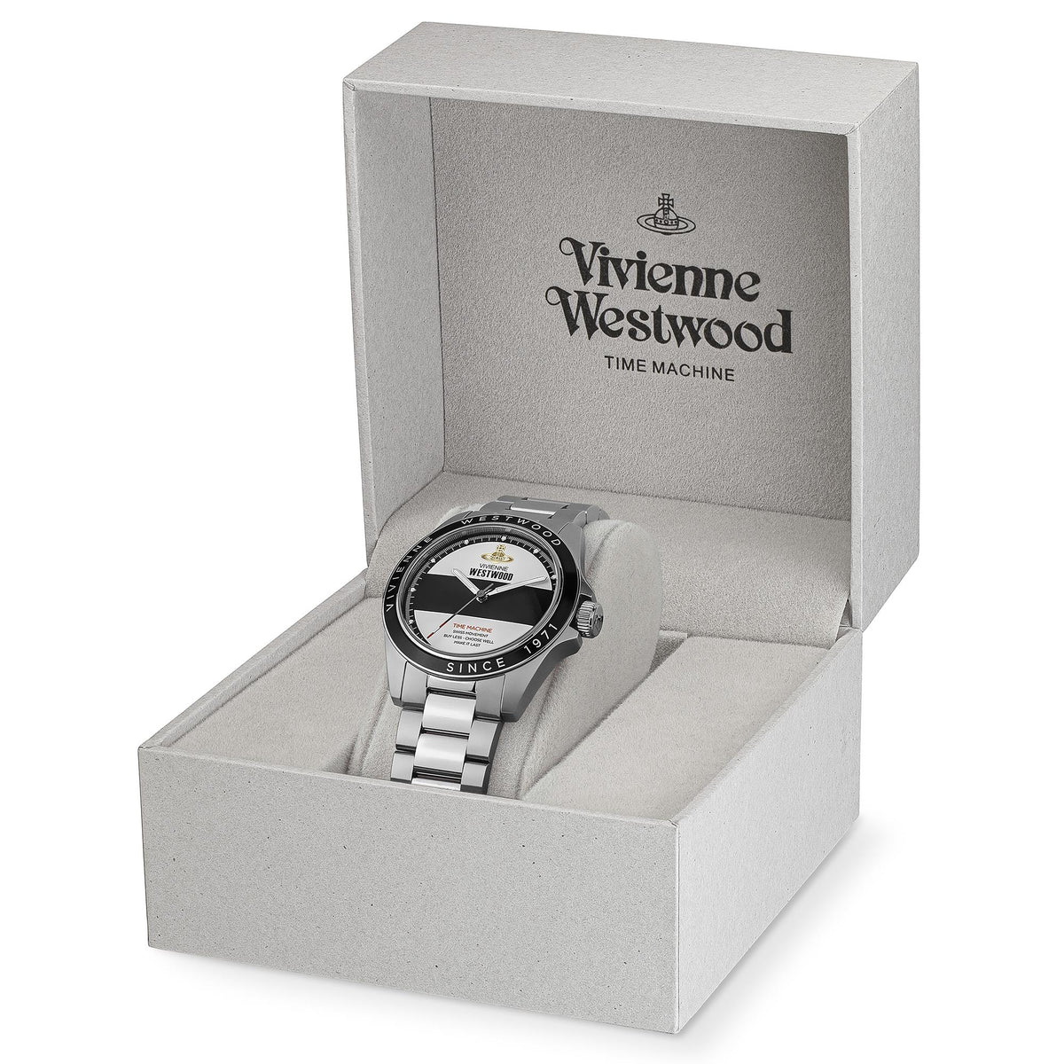 Men's stainless steel quartz watch set in a gray branded gift box