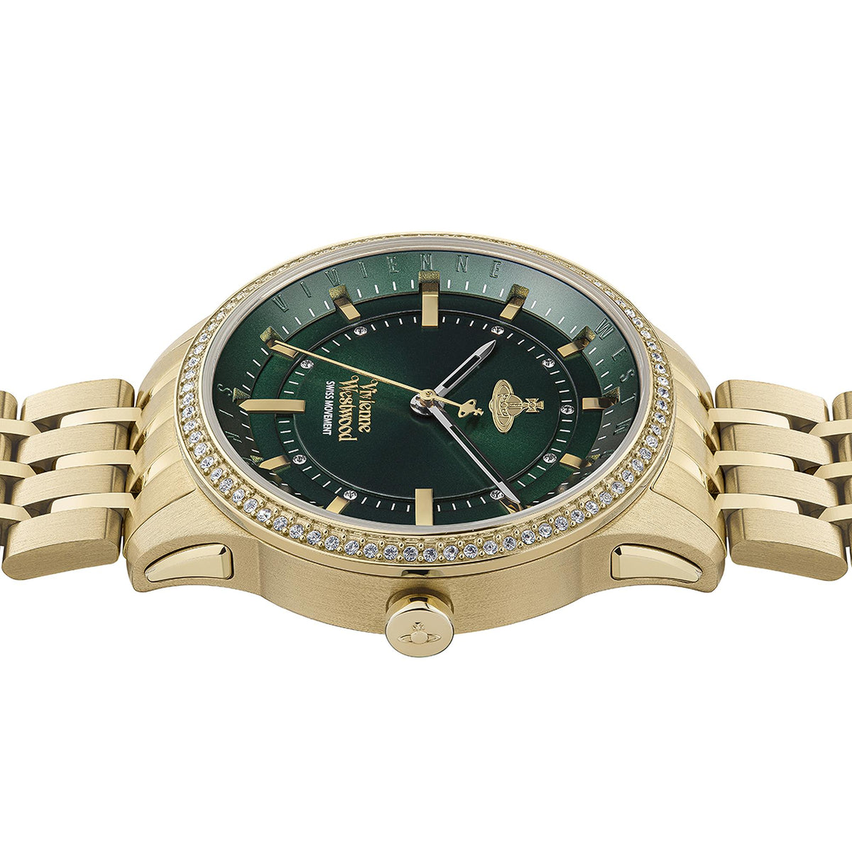Gold watch case and crown with green dial, baton markers, and gem-studded bezel