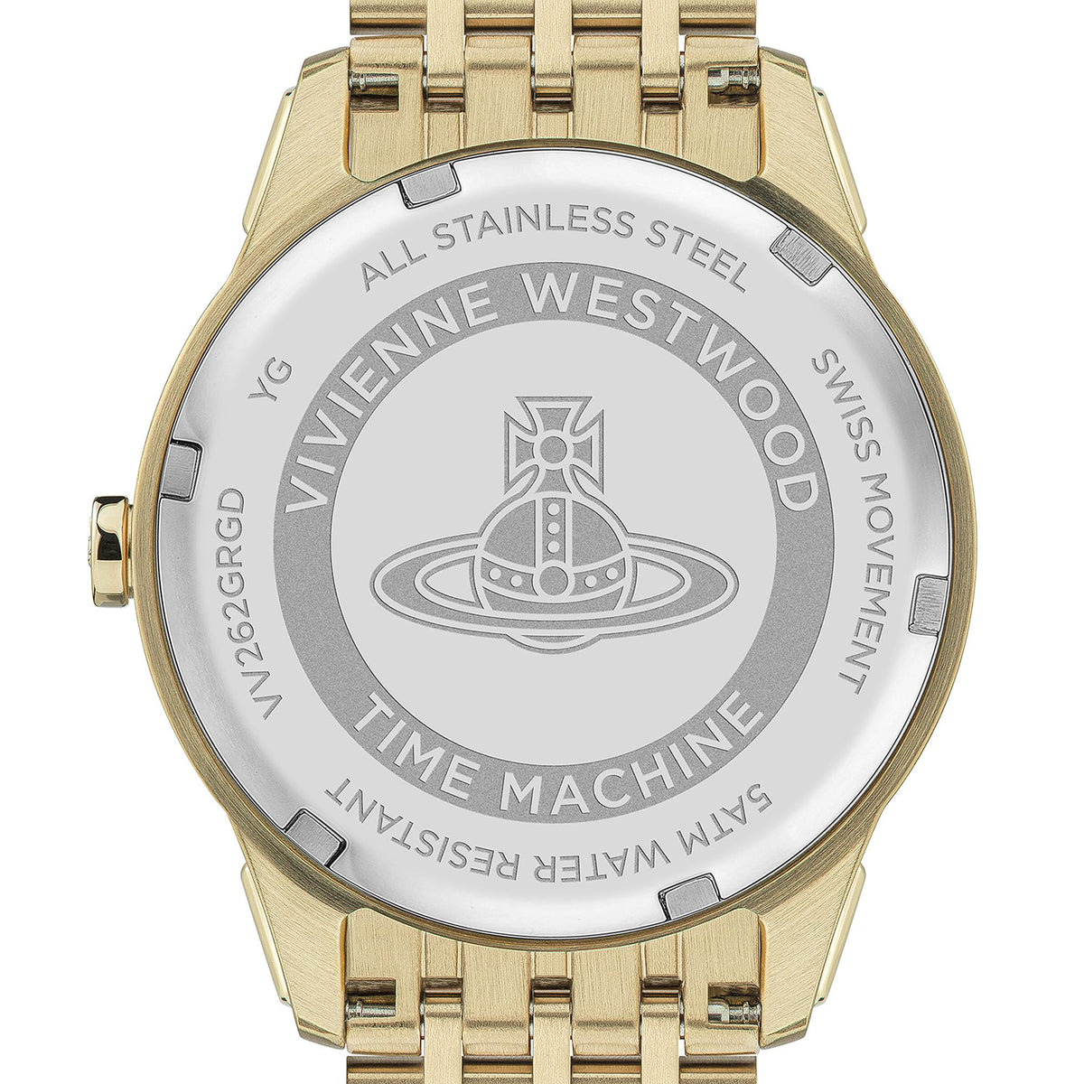 Gold-tone stainless steel case back engraved with Vivienne Westwood and Swiss markings