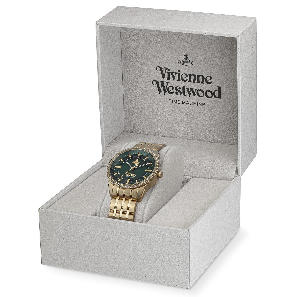 Watch in gray gift box, gold bracelet with green dial and jeweled bezel