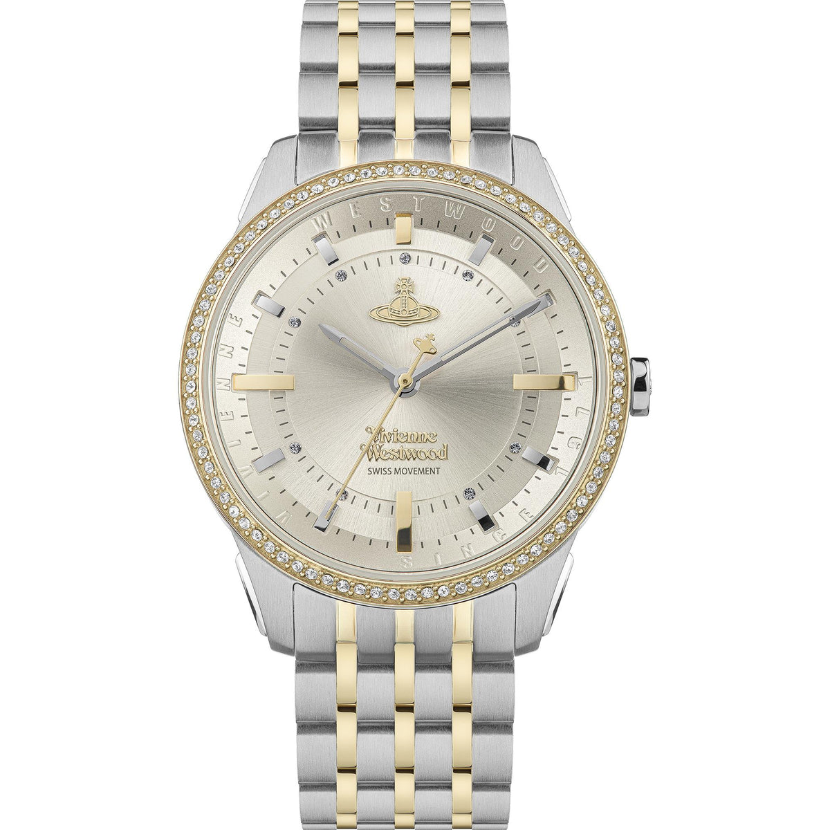 Two-tone stainless steel bracelet watch, champagne dial, crystal bezel, gold accents