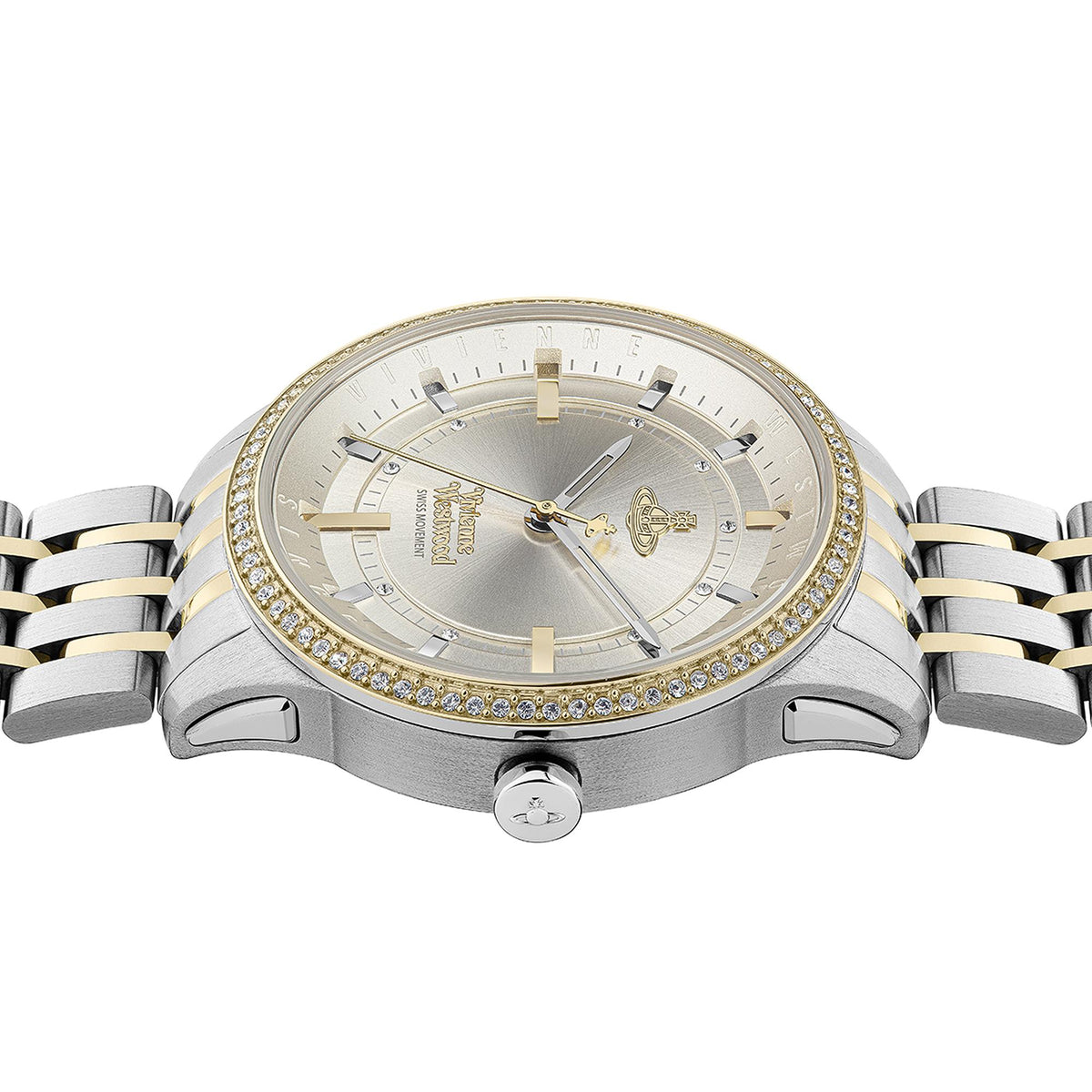 Two-tone stainless steel watch with champagne dial and crystal bezel, crown at 3 o'clock