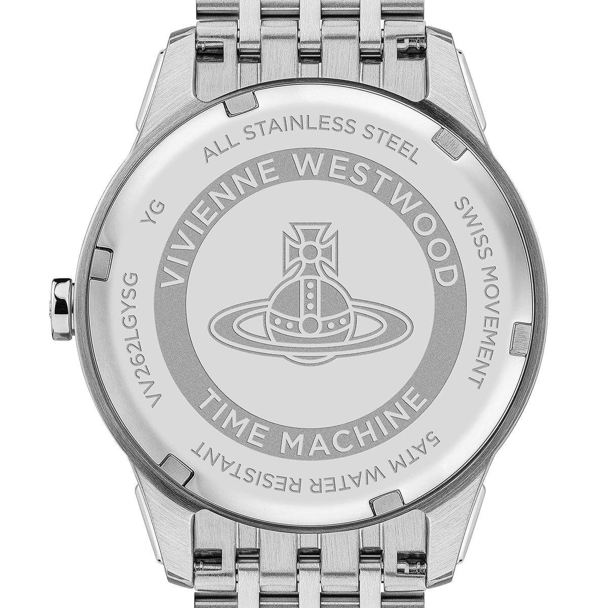 Stainless steel watch caseback with engraving and Vivienne Westwood Time Machine logo
