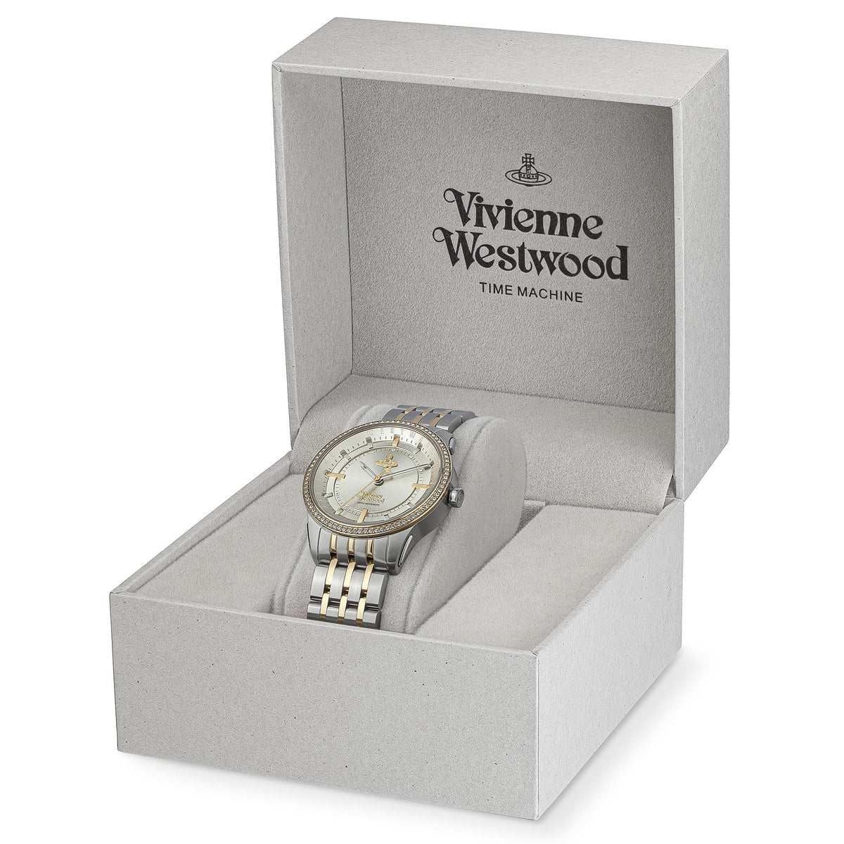 Two-tone stainless steel watch resting in a Vivienne Westwood branded gift box