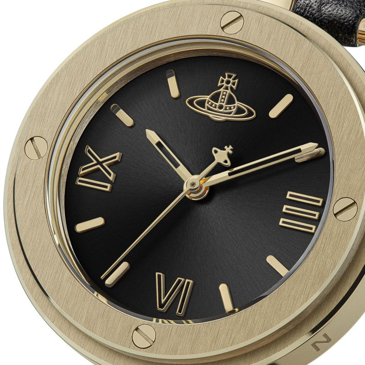 Ladies quartz watch with black dial and gold Roman numerals, black leather strap