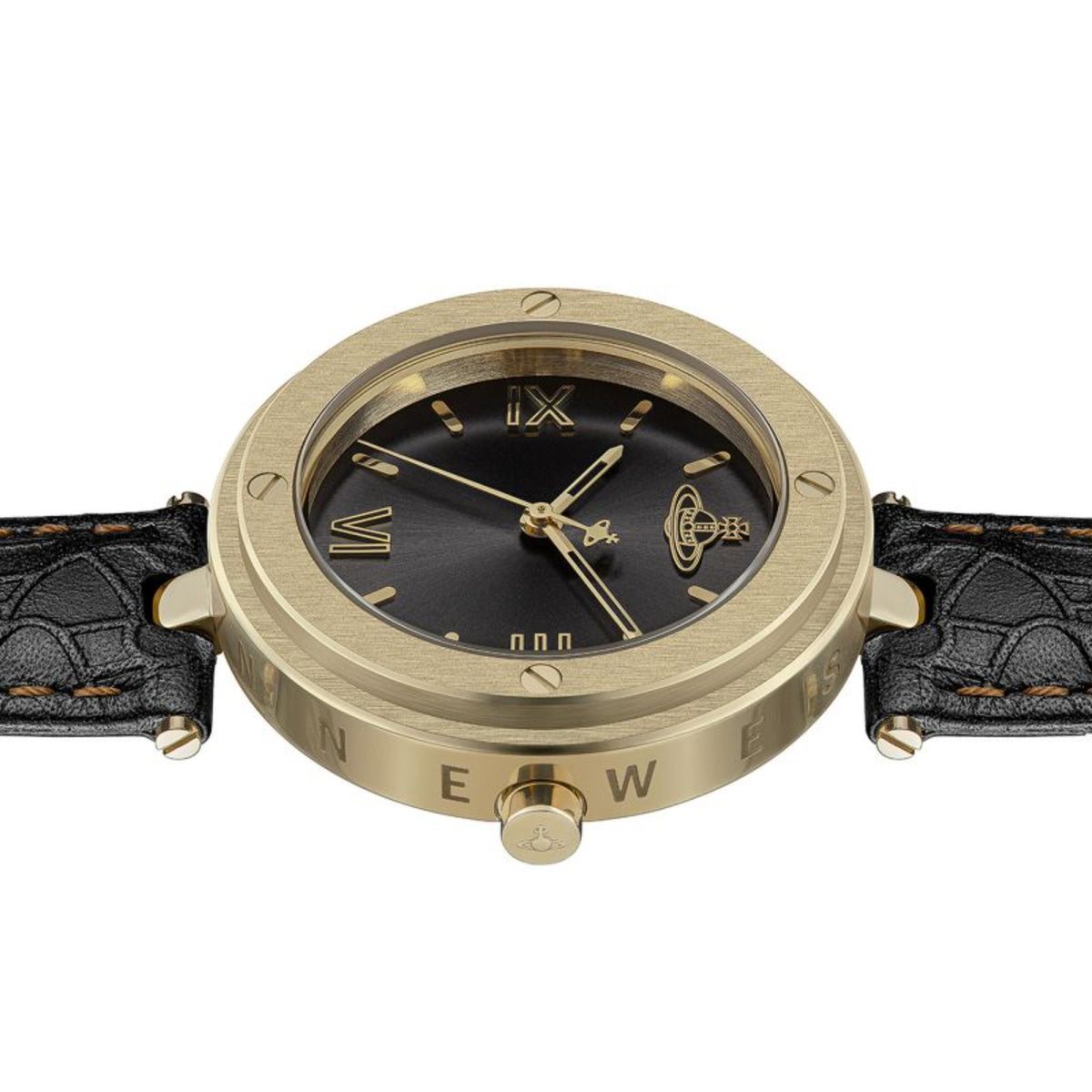 Quartz ladies watch on black leather strap, gold-tone case with Roman numeral dial