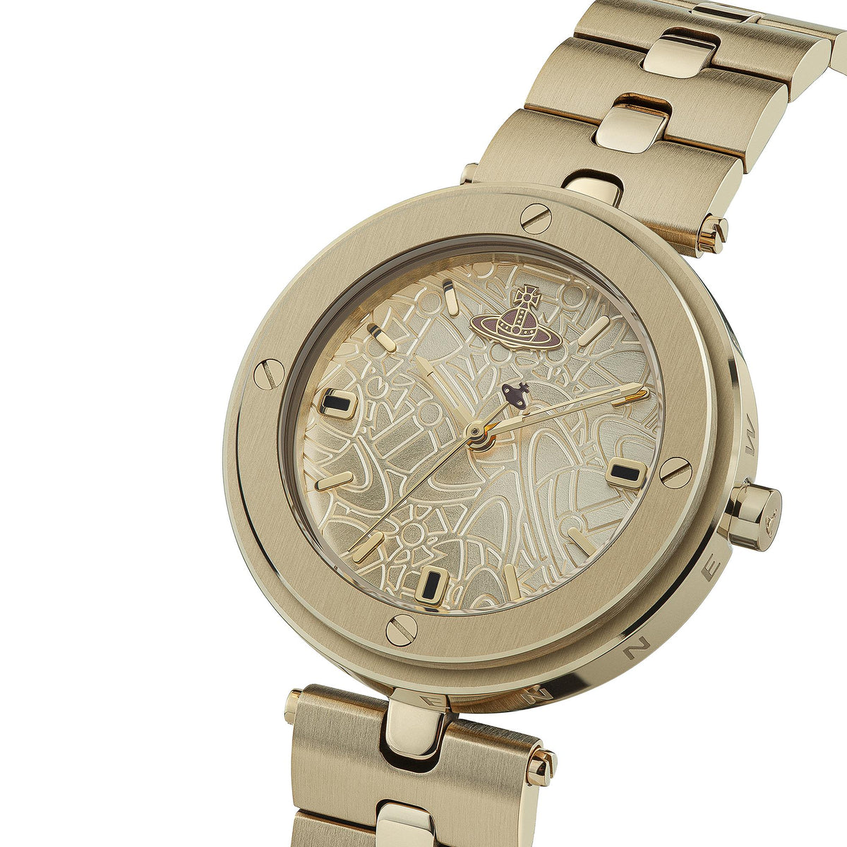 Gold quartz watch with patterned cream dial, round case, and linked stainless steel bracelet