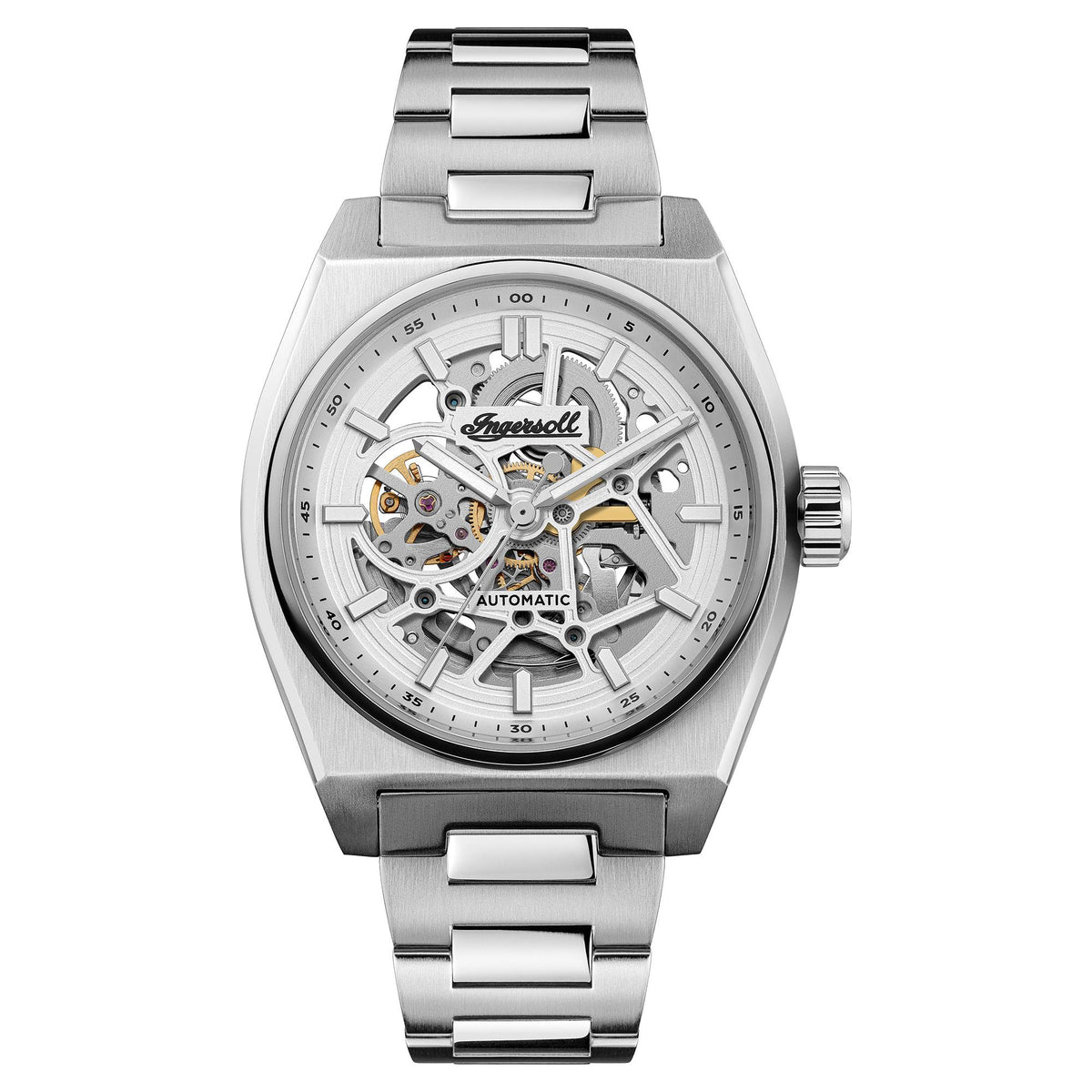 Ingersoll men's automatic skeleton dial stainless steel watch with silver bracelet