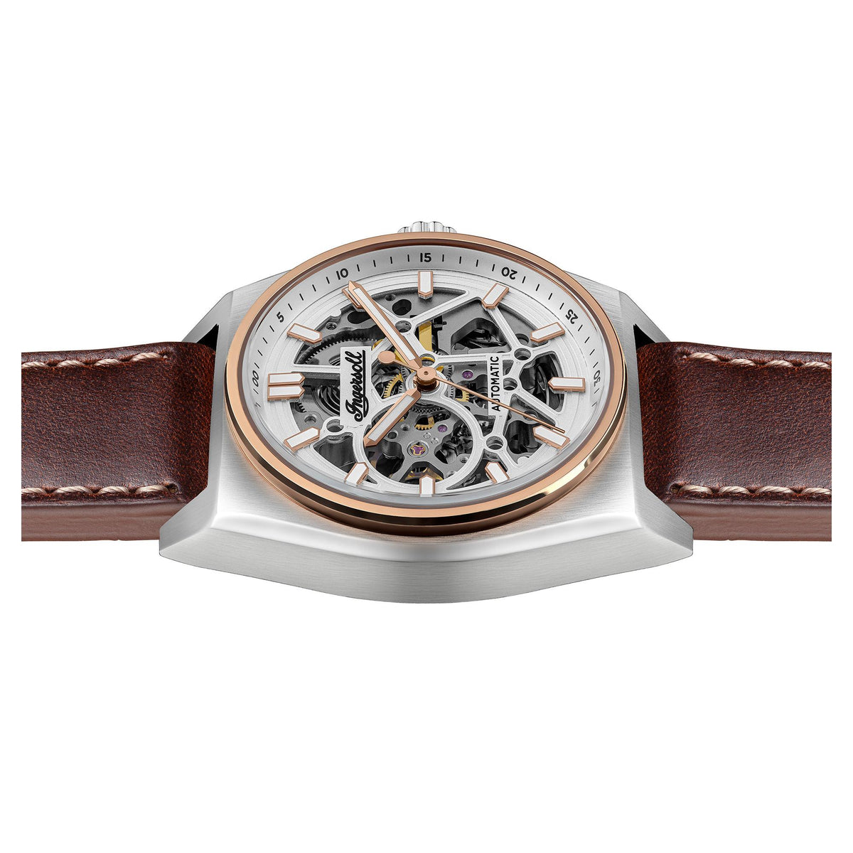 Automatic skeleton watch face with exposed gears and rose-gold rim, brown leather strap