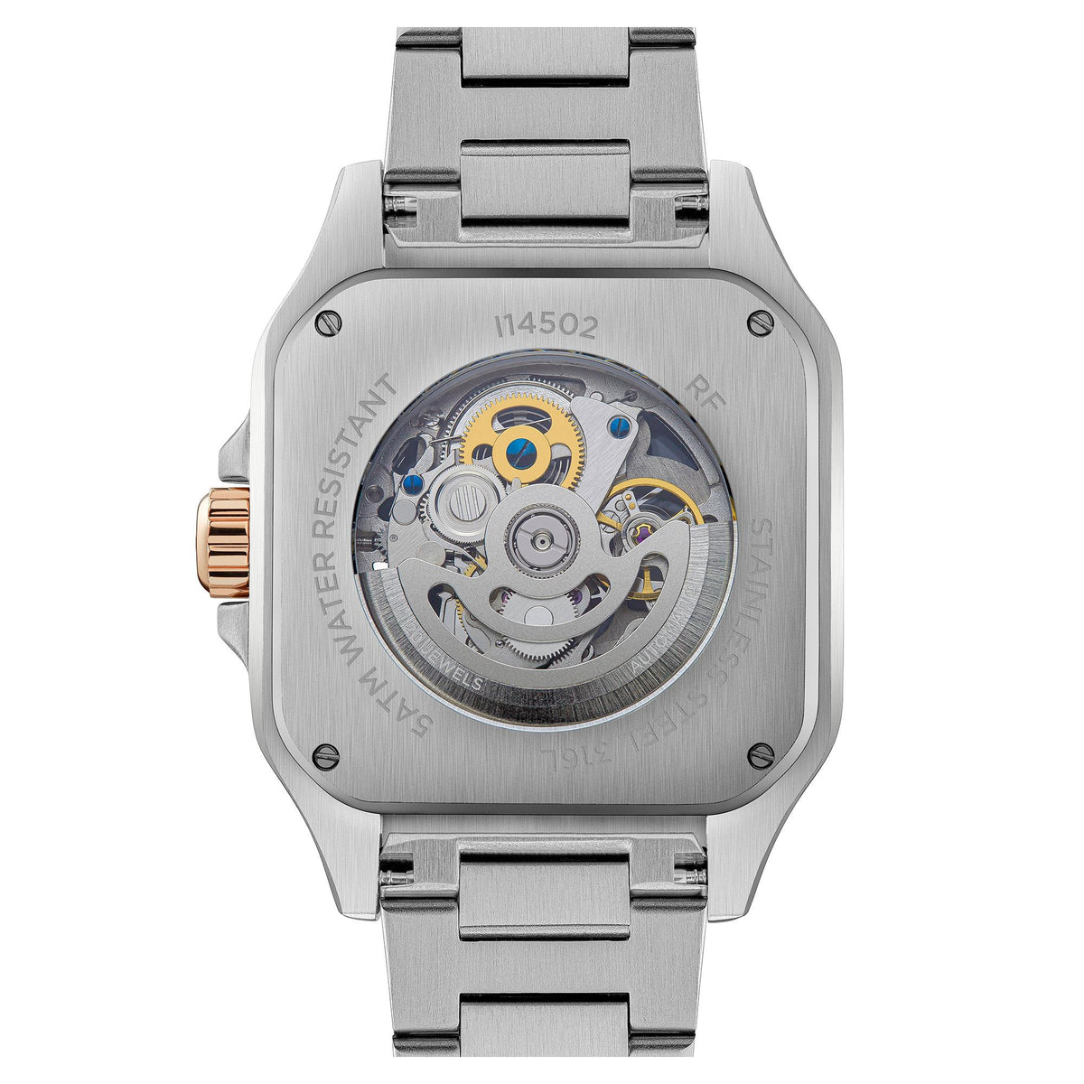 Stainless steel caseback with visible mechanical movement and blue details