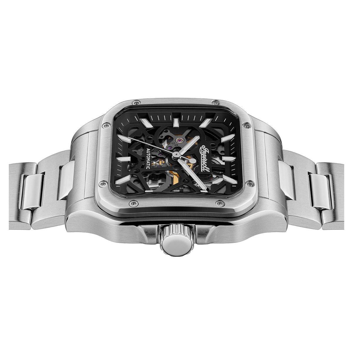 Automatic skeleton watch with stainless steel case and bracelet, side view of crown and dial