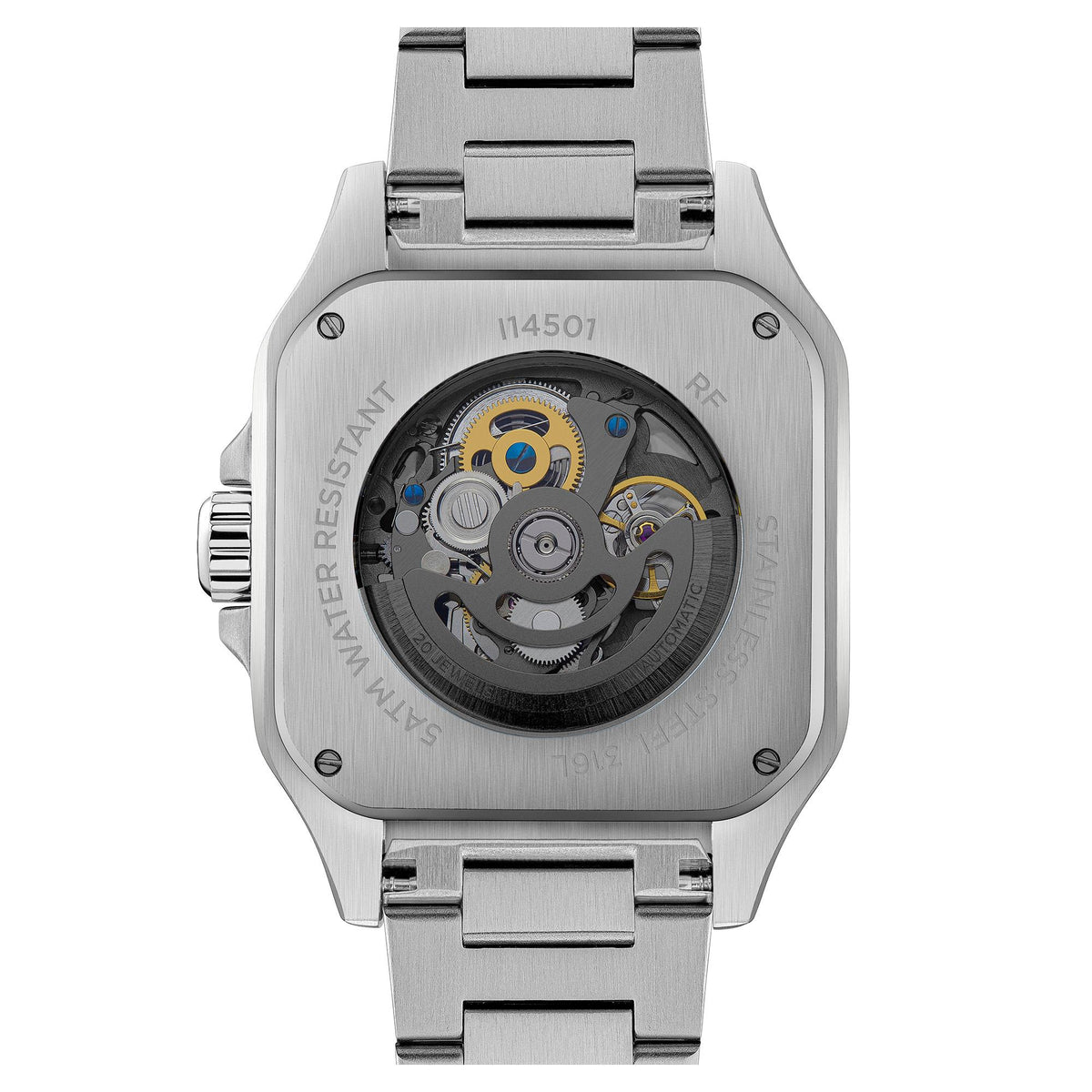 Stainless steel caseback of automatic watch with engraved text and inner movement view