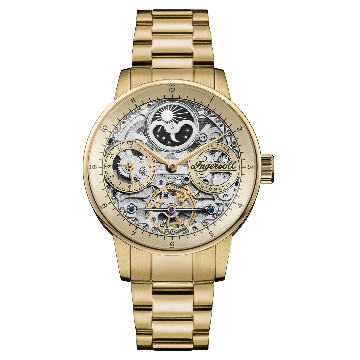 Men's gold automatic wristwatch with stainless bracelet and skeleton dial with dual time