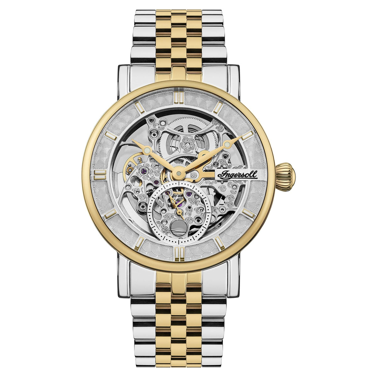 Men's automatic skeleton watch with two-tone silver and gold PVD Milanese bracelet