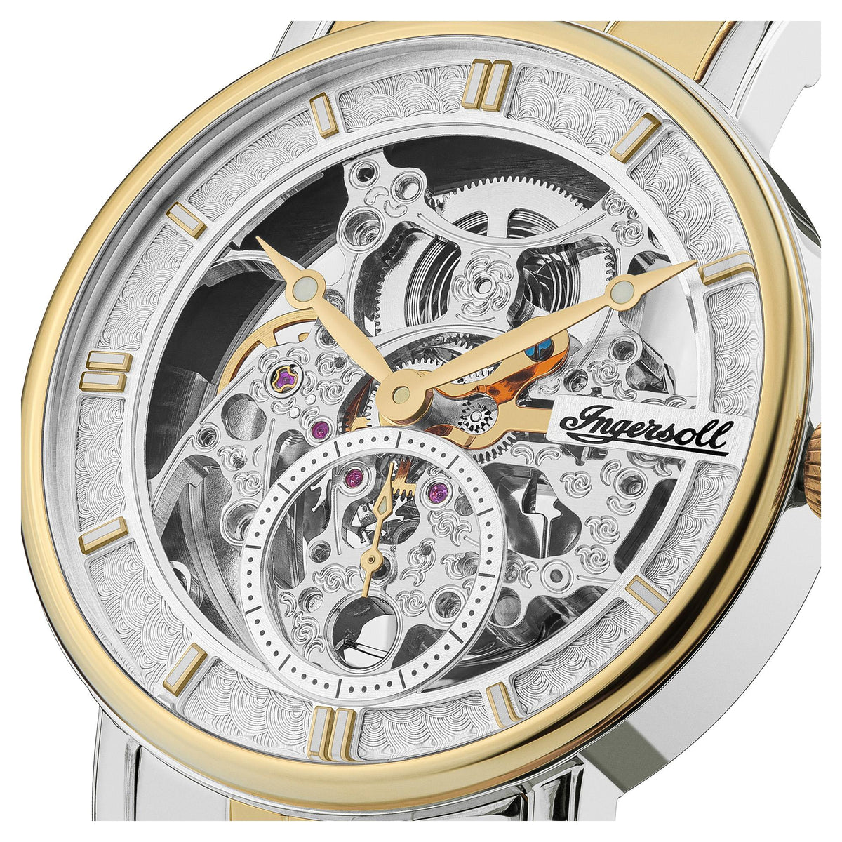 Men's skeleton dial watch in two-tone silver and gold with gold-accent hands